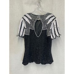 Stenay 100% Silk Beaded Sequin Black White Top Womens 14 Vintage Evening Blouse