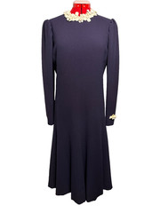 VINTAGE 1950s Custom Made Navy Blue Crepe Dress w Applied Celluloid Flowers – 14