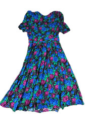 Vtg Jessica Howard Womens Dress 14P Black Blue Floral Rose Short Sleeve Midi