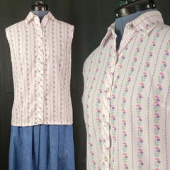 Vintage Miss Fashionality White S/L Top w Pink & Purple Floral Stripes Size 9-10