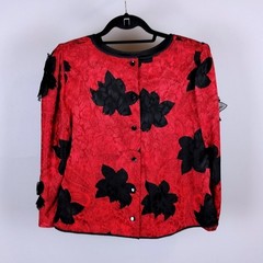 Vintage Anne Crimmins 100% Silk 3D Floral Blouse Red Black Button Back Womens 10