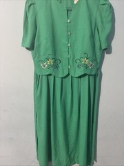 Vintage Miss Dorby Embroidered Short Sleeve Tie Waist Midi Dress Sz 14 Teal 80’s