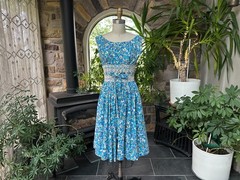 Vintage 1950s Blue White Floral Cotton Sleeveless Dress Jo White Wounded Bird