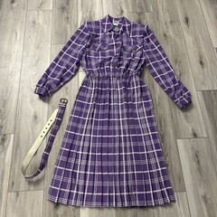 Vintage Leslie Fay Purple Plaid Midi Dress Belted Size 14 Long Sleeve EUC