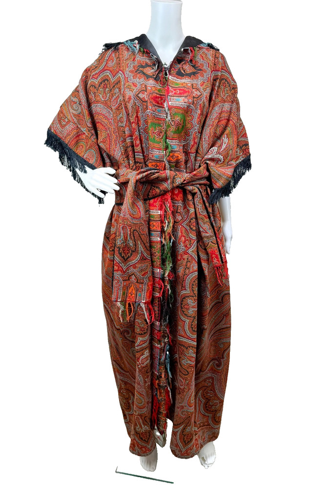 Antique Paisley Tapestry Kashmir Robe or Jacket Red Orange Fringe AS IS