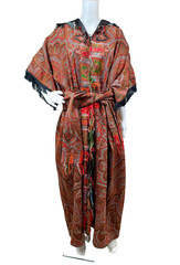 Antique Paisley Tapestry Kashmir Robe or Jacket Red Orange Fringe AS IS