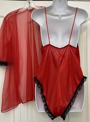 Vintage Adonna 2 Piece Set Red Sheer Nylon Black Lace Teddy & Robe Sexy Medium