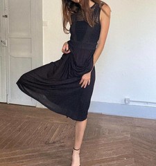 Black midi dress with lace crochet bodice, back zip & draped viscose skirt, boho