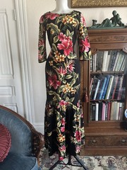 Vintage 1950s Vamp Black Hawaiian Mermaid Fishtail Maxi Dress Floral Barkcloth W