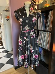 Vintage 1970s 1980s Floral Print Dress Black & Pink Rockabilly L XL