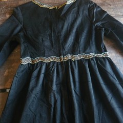 1970s Vintage Black Long Sleeve Midi Dress Ric Rac Trim Ruffle Boho Prairie Folk