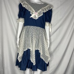 Partners Please Malco Modes Square Dance Dress 14 Blue White Lace Vtg Prairie