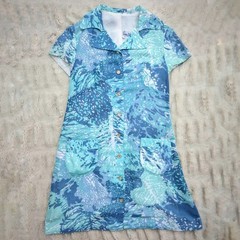 Vintage 60s “Smarti Style” Blue Ocean /Coral Print Buttoned Shift Minidress Sz S