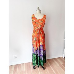 Dela-Ann Creation Maxi Dress Orange Green Purple Leaf Print Vintage 100% Acetate