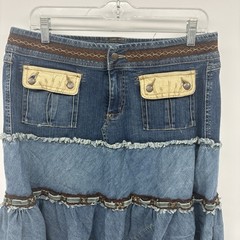 Vintage Candies Low Rise Maxi Denim Skirt W Ruffles Y2K Chore Stretch Women 13