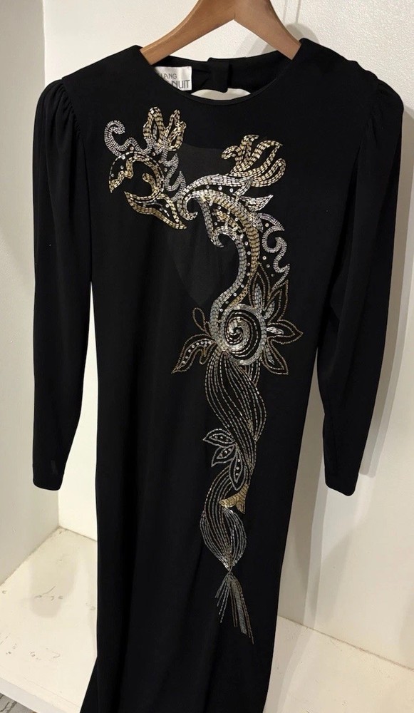 Vintage Ricki Lang Nuit Womens Beaded Open Back Dress Black Sz 6