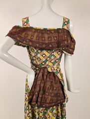 1930’S HEART + FLORAL CHECK COTTON LONG DRESS W SILK ORGANZA RUFFLE + TRIM