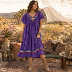 Vintage Apostrophe Purple Embroidered Muumuu Dress Southwest Boho Folklore L