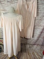 Vintage Lingerie Nightgown Slip Robe Peignoir Set Shadow Line Lace Peach Pink S