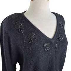 Vintage Saks Fifth Avenue Black Angora Lambswool Beaded V-Neck Sweater Large