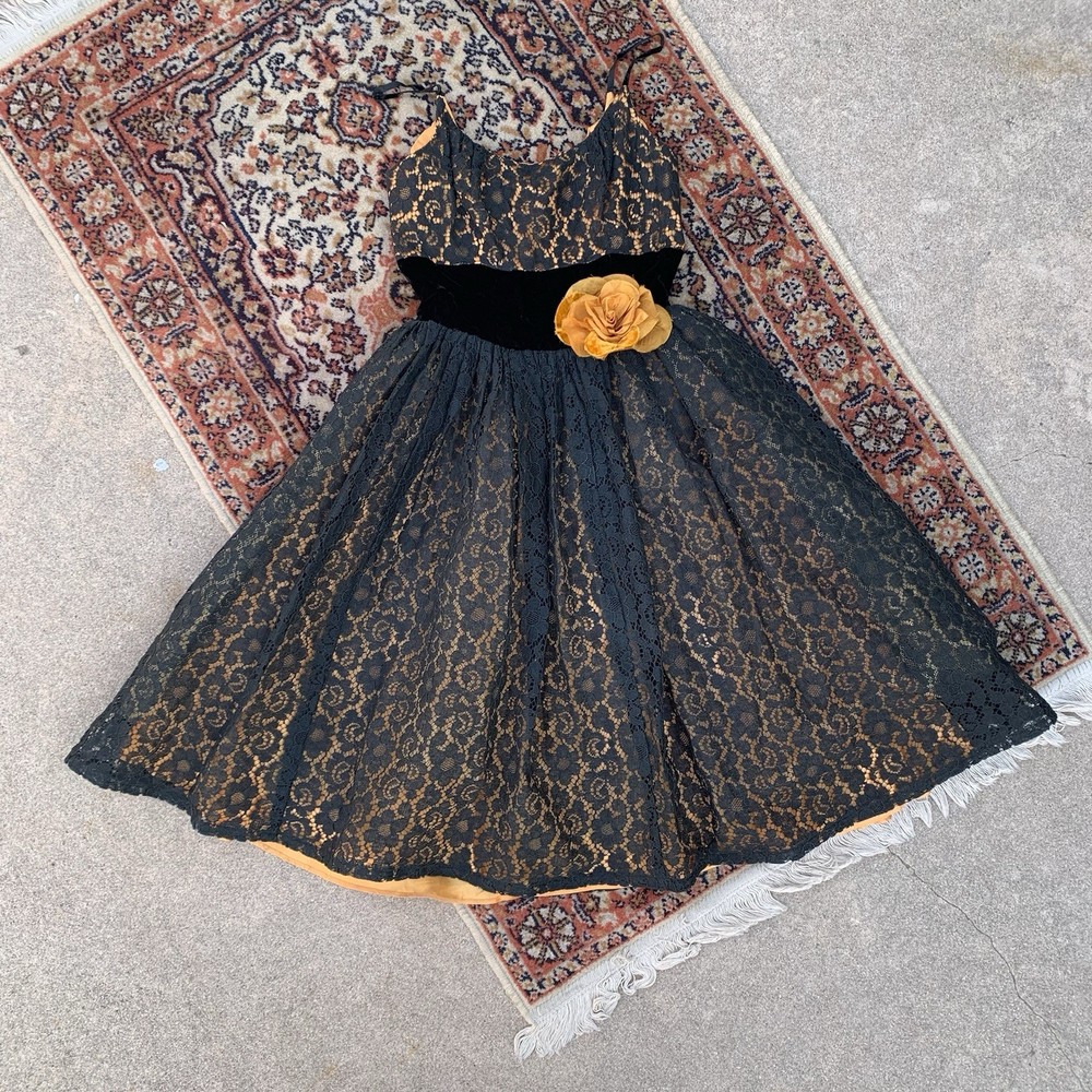 1950s Whimsygoth Black and Orange Lacey Party Dress with Velvet Waist and Rose
