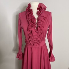 Vintage Victor Costa Pink Maxi Dress Size 10 Long Sleeve Formal Ruffle Sweeping