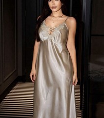 Glossy Satin Embroidered Long Oily Maxi CAMI NIGHTGOWN PLUS 3X 3XL NEW