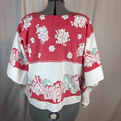 OS Plus Vintage Handmade Floral Tablecloth Caftan Top Red Wht Turquse Split Neck