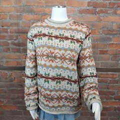 Vintage Sweater Pullover Beige Multi Color Tunic Length Rolled Hem Women’s Sz M