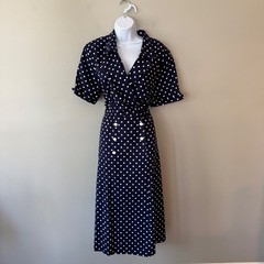 Lanz Originals Vintage Polka Dot Midi Dress Navy Cotton USA Lrg Pinup Trad Wife