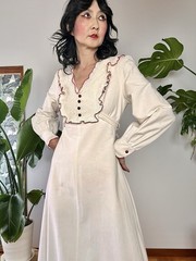 VTG 70s Lace Bib Crochet Trim Cotton Prairie Maxi Dress XS/S Cottagecore