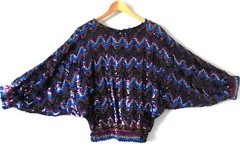 Vtg Sequin Top RARE Bat-Wing Over-Size w Fitted Hem Elastic Waist/Cuffs Size M