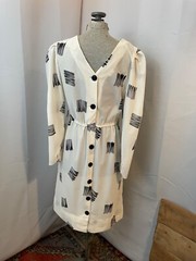 Black and White Graphic Dress 1980s New Wave Asymmetrical peplum back button M