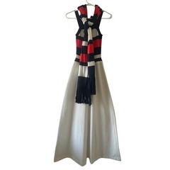 Vtg 70s Roncelli 5/6 Blue White Red Fit & Flare Maxi Dress Mod Retro w/ Scarf
