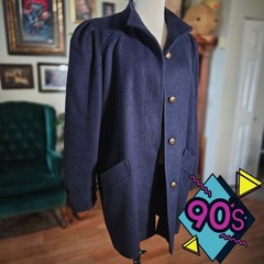 Vintage 90s New York Girl Navy Blue Wool Blend Puffed Shoulder Car Coat USA