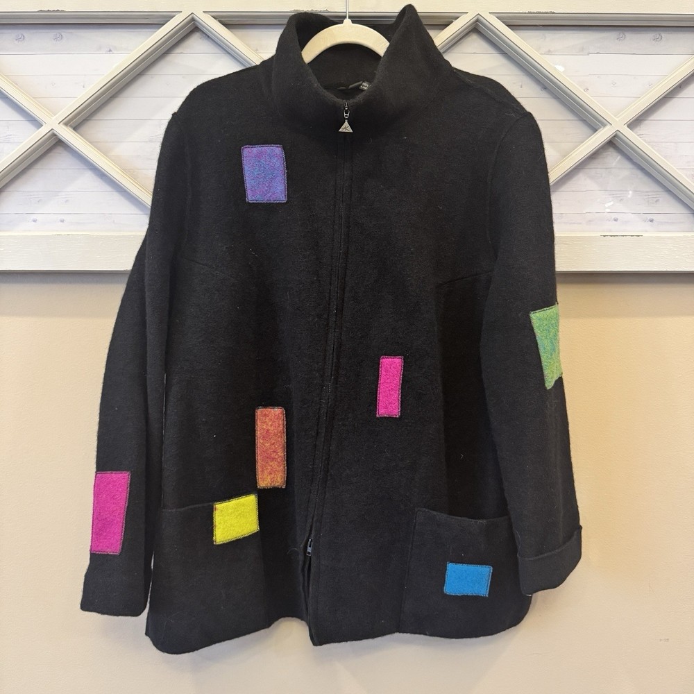 Vintage Artisan ANNIKKI KARVINEN Wool Jacket HandMade In Finland Sz L Colorful