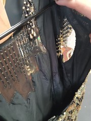 Lillie Rubin Vintage Black Gold Beaded Sequin Semi-Open Back Silk Dress Size 6