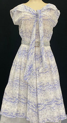 Vintage 1950s white blue floral dress cotton summer sheer fit flare midi S M