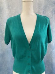 Vintage 1990s Women’s Bright Teal Knit Cardigan Worthington XL Short Sleeves