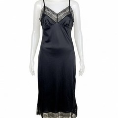 Blair Black Satin Lace Full Slip Boudoir Chemise Pin-up Witchy Lingerie 80s Lrg
