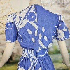 Vintage Faux Wrap Style Dress Sky Blue White Floral Print Fluttery Sleeves Gown