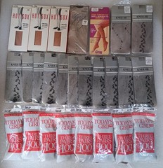 Lot of 45 VTG Knee Highs Blk, Bge Assorted Brands Plus & 9-11 Sz – 80s 90s -NOS!
