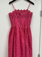 Vintage Eyelet Hot Pink taffeta Day Dress Cottagecore Prom Pinup