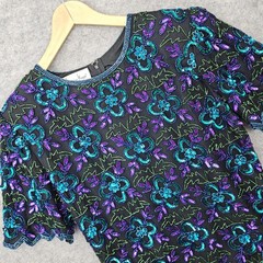Laurence Kazar Women’s Black 100% Silk Beaded Top Size XL Sequins Floral Vintage