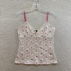 90s Y2K Vintage Camisole Tank Top Medium White Pink Ditsy Floral Lace Boho Fairy