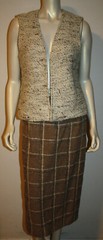 Vintage Brown Wool Plaid Skirt & Tweed Long Vest Set 42 8 10 Suit