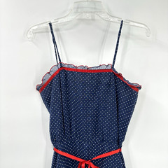 vintage 70s POLKA DOT MIDI DRESS sundress blue XXS americana usa tradwife ruffle