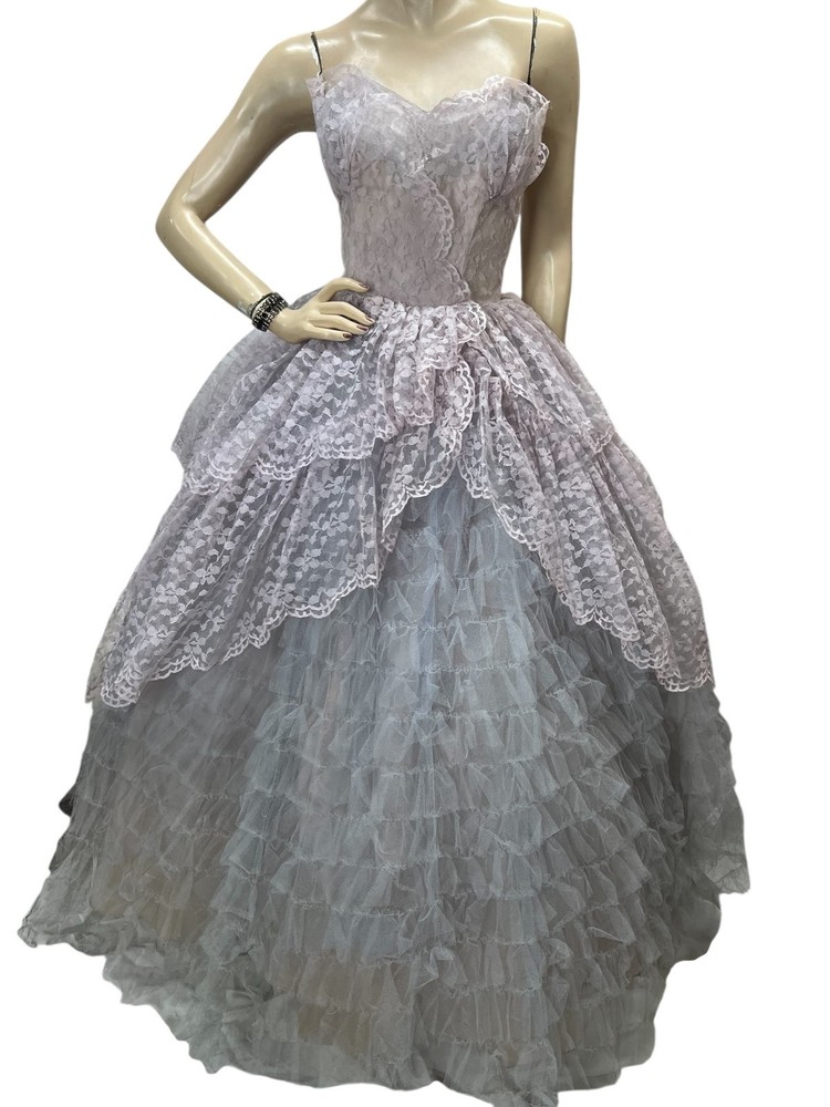 Vtg 50s Sz S 34 B 25 W Lavender Blue Prom Gown Dress Cupcake Strapless