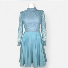 Vintage 60s 70s Tea Dress Crochet Overlay Long Sleeve Pleats Blue~XS~B32 W24 EUC