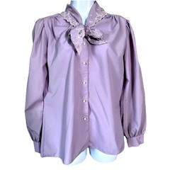 Vintage Laura Mae Blouse Womens L Lavender Ruffle Bow Neck Tie Lace Puff Sleeve